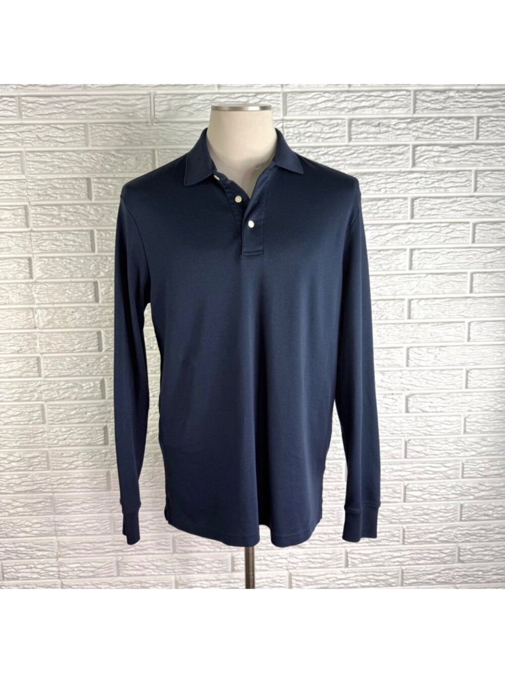 Lands End Mens Navy Blue Long Sleeve Polo Shirt Traditional Fit Size Medium
